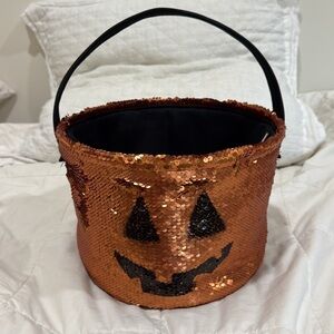TM Kids Designs Orange Pumpkin - Canvas/ sequined Halloween Candy Basket